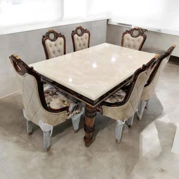 Marble Top 6 Seater Dining Table Set with Upholstered Chairs ...